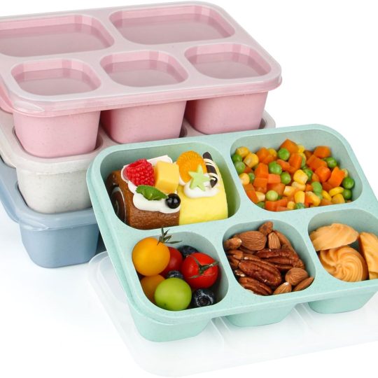 Bento Lunch Boxes - Reusable 5-Compartment Food Lunchables Containers, Snack Boxes For Adults Container for School, Work, and Travel, Set of 4 (Wheat)