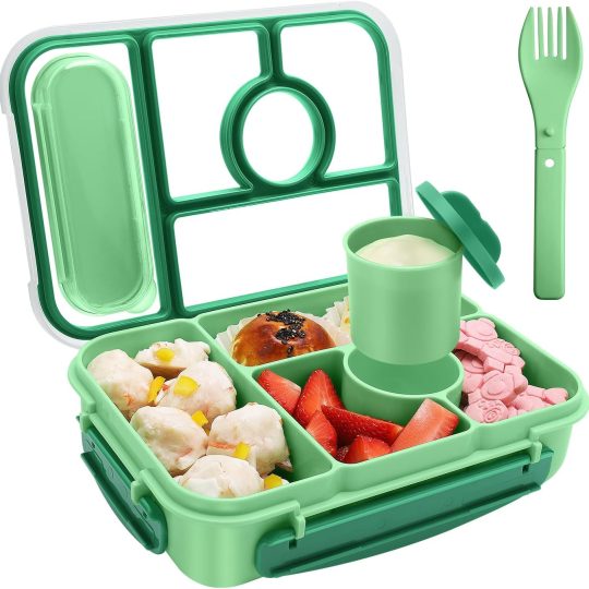 Bento Box Adult Lunch Box Kids,Lunch Containers for Adults/Kids/Toddler,5 Compartments Bento Lunch Box with Sauce Vontainers,Microwave & Dishwasher & Freezer Safe,BPA-Free(Green)