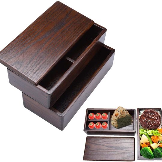 Wooden Double Layer Bento Box Food Container for Adults, Bento Lunch Box with Elastic Band, Bento Box Adult Lunch Box Ideal for Picnic Sushi Lunch