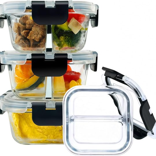 Bariatric Meal Prep Containers, 8 oz Glass Bariatric Portion Control Containers with Two 4 oz Compartments (3 Pack), Reusable Lunch Box Bento Box with Lids, Glass Snack Containers with Lids