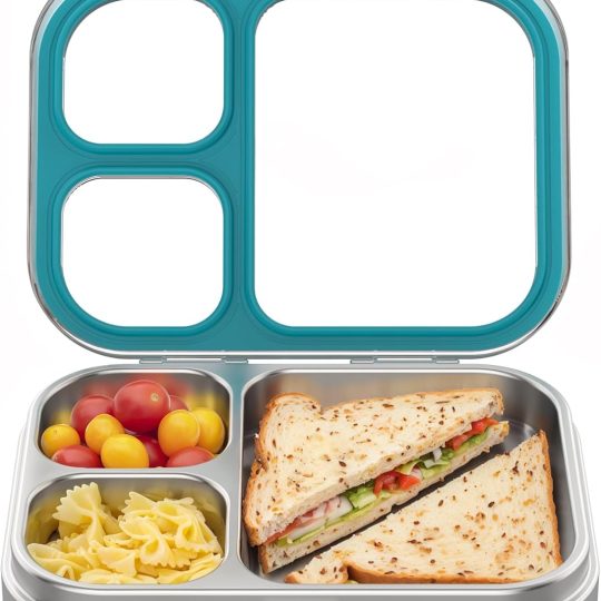 Stainless Steel Lunch Box, 3 Compartments Metal Bento Box for Kids Adults, Leak-Proof Lunch Box for School Office, Dishwasher Safe, BPA-Free,  Lid, Blue