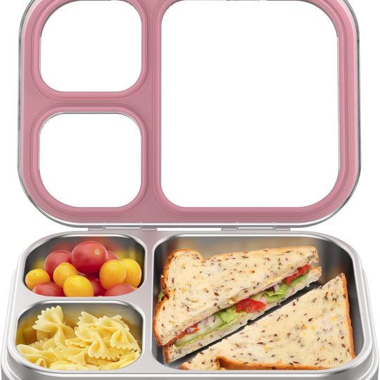 Stainless Steel Lunch Box, 3 Compartments Metal Bento Box for Kids Adults, Leak-Proof Lunch Box for School Office, Dishwasher Safe, BPA-Free,  Lid, Pink