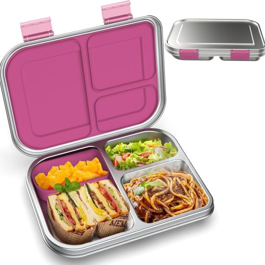 Stainless Steel Kids Leak-Resistant Bento Lunch Box, 3-Compartments with Silicone Container, Dishwasher-Safe, Child-Friendly Design for School, Picnics & Travel,BPA-Free(Pink)