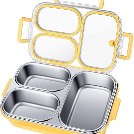Stainless Steel Lunch Box for Kids & Adults - 25 oz - Leakproof 3 Compartment Metal Lunch Container - 18/8 Stainless Steel Bento Box - Ideal for School, Office & Outdoor - Dishwasher Safe (Yellow)