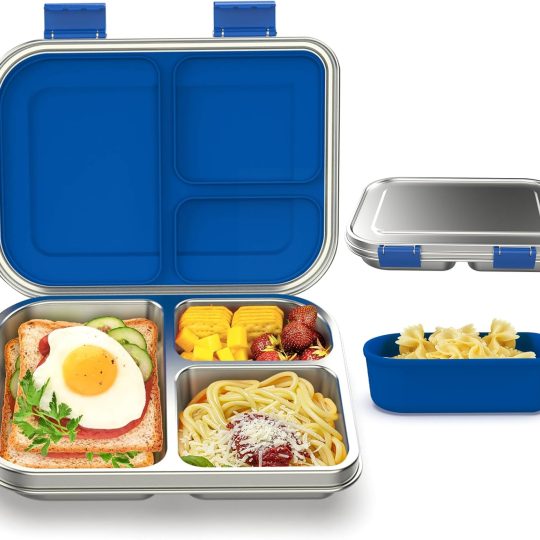Stainless Steel Bento Box Kids, 3 Compartments Leak Proof Metal Bento Lunch Box, 304 Stainless Steel Bento Lunch Containers for School and Office,Dishwasher Safe, BPA-Free-Blue