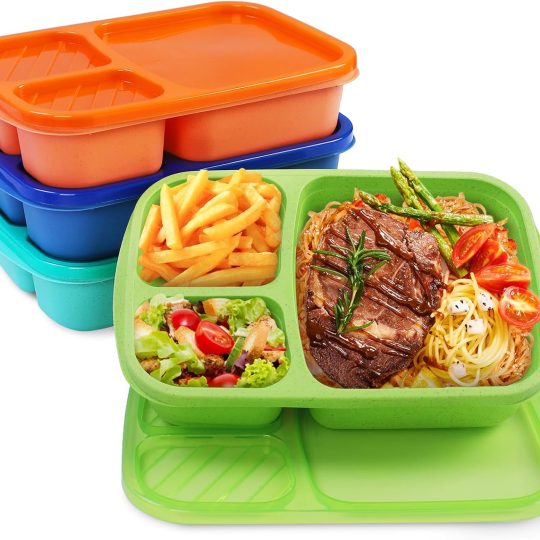 4 Pack Bento Lunch Box Set 3 Compartment Wheat Straw Meal Prep Food Storage Containers Plastic, Microwave and Dishwasher Safe(Jewel Brights)