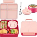 Bento Lunch Box for Kids with 8oz Soup Thermo,Kids Leakproof Lunch Food Containers with 4 Compartment,Kid Insulated Thermo Hot Food Jar for School,Trvael-Pink