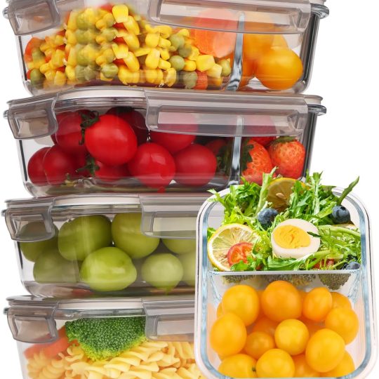 5 Pcs 35oz Glass Food Prep Containers with Airtight Lids,Bento Boxes for Lunch, 2 Compartment Lunch Box,Glass Storage Containers with Lids - Light Gray