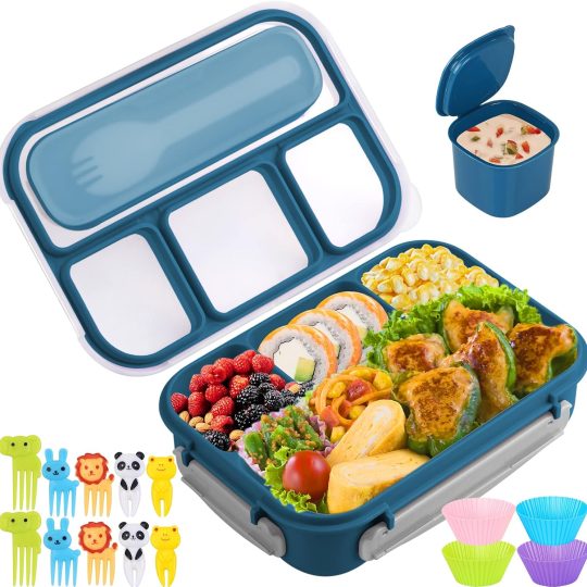 Bento Box, Lunch Box Kids, 1300ML Adult with 4 Compartment &Food Picks &Cake Cups, Containers for Adults/Kids/Toddler, Leak-Proof, Microwave/Dishwasher/Freezer Safe(Blue)