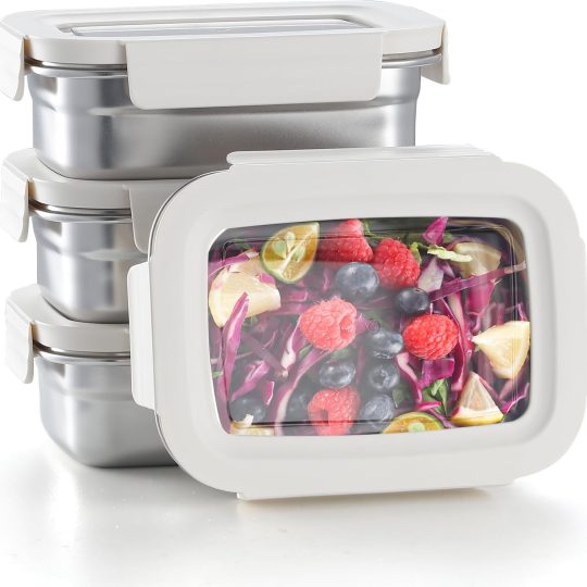 Stainless Steel Snack Food Storage Container with Lids 4PCS 22.8OZ Leak Proof & Airtight Bento Box Lunch Container for Kitchen Meal Prep freezer Rectangular,Reusable & Stackable(white)