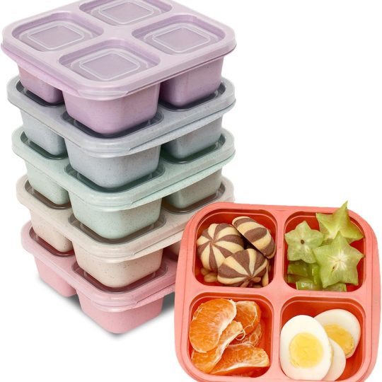 6 Pack Meal Prep Containers, 4 Compartment Bento Snack Boxes, Reusable Divided Lunch Box Containers for Adults, Kids, Toddlers, Travel, Work, School