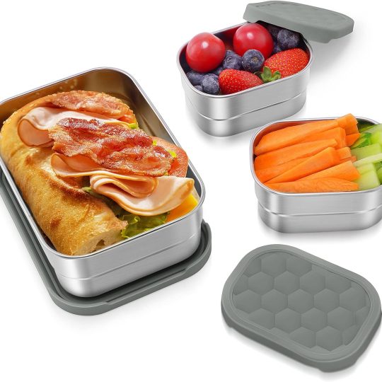 3 CUP+1 CUP Stainless Steel Lunch Snack Containers Set | Leak Proof 304 Stainless Steel Food Containers with Silicone Lids - Perfect Metal Lunch Box for School and Daycare (25oz+8oz*2)