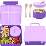 Bento Lunch Box with 8oz Soup Thermo, Kids Leakproof Lunch Food Containers with 4 Compartment, Kids Thermo Insulated Hot Food Jar for School, Trvael (Purple)