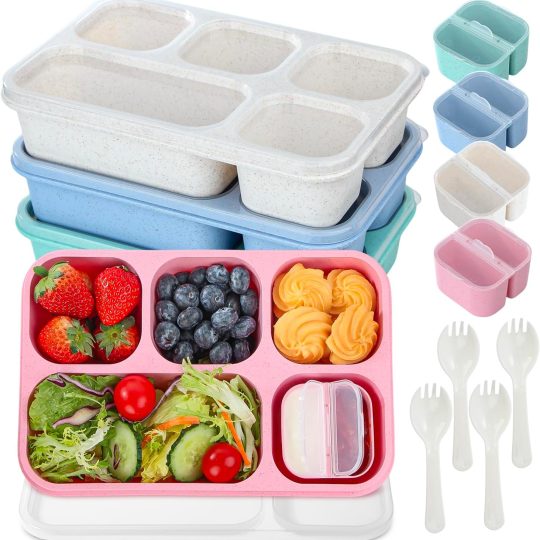 Snack Box Containers for Adults，4 Pack Bento Lunch Box for Adult & Kids, 5 Compartment Adult Lunchable Containers with Utensils, Sauce Jar, 44 Oz/1300ML Large Size (Wheat)