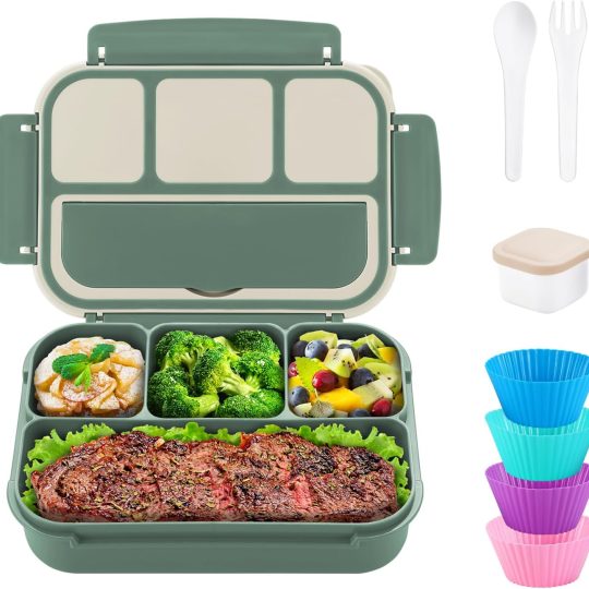 Bento Box Adult Lunch Box, Bento Box for Kids, 1200 ML Lunch Containers for Adults, Food Storage Container With 4 Compartments, Leak-Proof, Microwave, Dishwasher Safe, Green