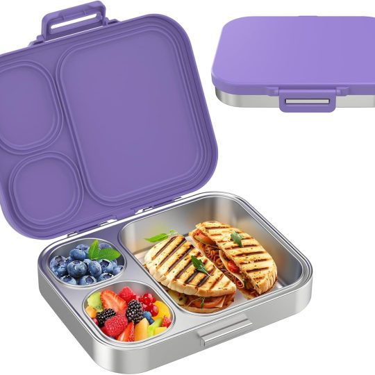 Stainless Steel Bento Lunch Box for Kids | 3-Compartment Lunch Box Container Kids | 100% Leakproof, Eco-Friendly, Perfect Portion Control for Kids&Adult Healthy Meals (Purple)