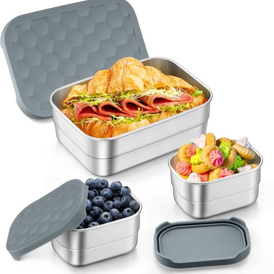 Stainless Steel Lunch Box, Food Snack Storage Bento Containers with Silicone Lids for Kids Adults to School Work, Kids Friendly & Dishwasher Safe, Leak-Proof & Easy Open, 25OZ + 8OZ*2 (Grey)