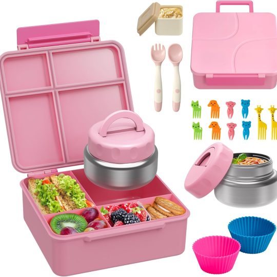 Bento Lunch Box with 9.5 oz Soup Thermo, Kids Leakproof 4 Compartments Bento Box with Silicone Cupcake,Fruit Fork,Spoon and Sauce Cup,Insulated Food Jar for School Travel-Pink