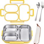 25oz/750ml Stainless Steel Lunch Box Kit (Bento Box + Fork/Spoon) - 3 Leakproof Compartments - Food-Grade 18/8 Steel for Kids & Adults - School/Office/Travel Ready - Dishwasher Safe (Yellow)