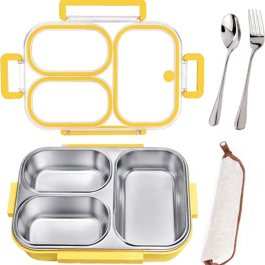 25oz/750ml Stainless Steel Lunch Box Kit (Bento Box + Fork/Spoon) - 3 Leakproof Compartments - Food-Grade 18/8 Steel for Kids & Adults - School/Office/Travel Ready - Dishwasher Safe (Yellow)