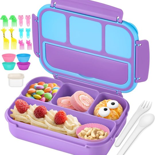 Bento Lunch Box for Kids Girls Boys, Toddler Kids Lunch Boxes for School, Lunch Containers for Adults with 4 Compartments, Sauce Container, Utensils, Food Picks and Muffin Cups, Purple