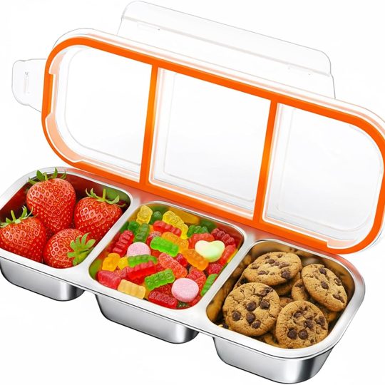 Snack Containers, Reusable Stainless Steel 3 Compartment Condiment Metal Bento Lunch Box with Lids, Divided Snack Food Storage Lunchable Containers for Home, Work, Travel, Camping, 1 Pack