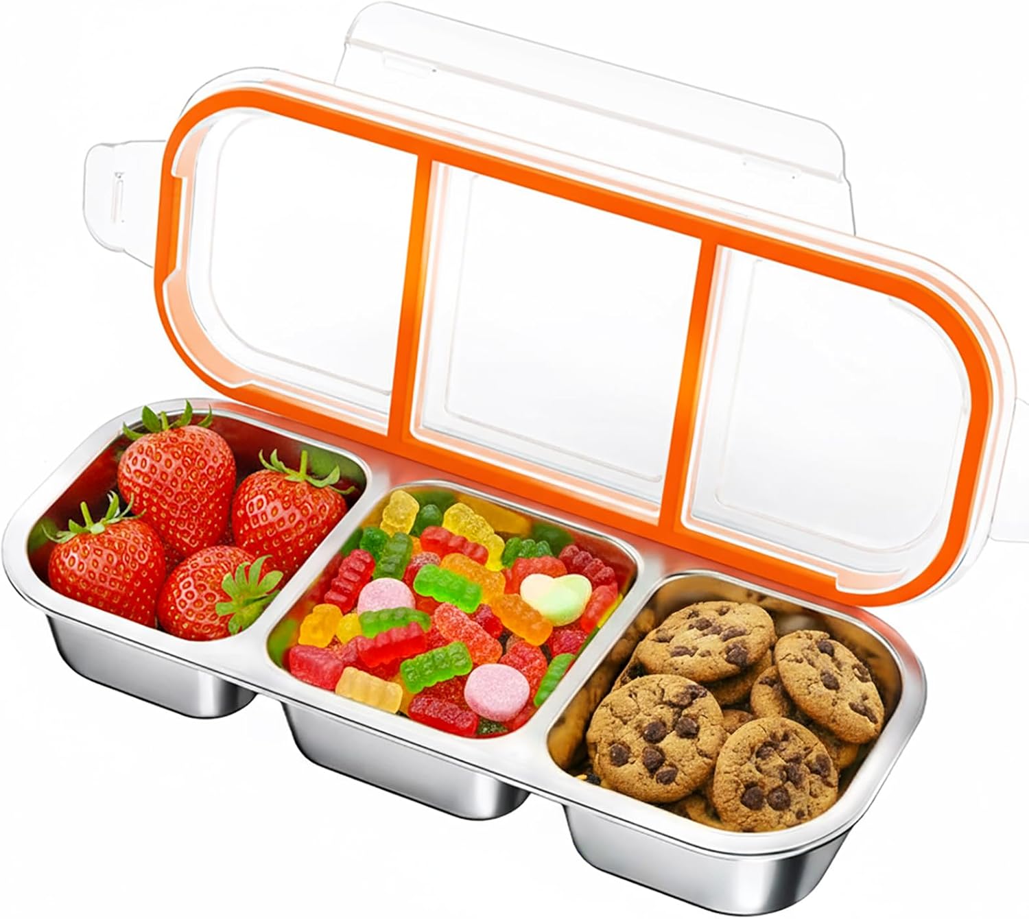 Snack Containers, Reusable Stainless Steel 3 Compartment Condiment Metal Bento Lunch Box with Lids, Divided Snack Food Storage Lunchable Containers for Home, Work, Travel, Camping, 1 Pack