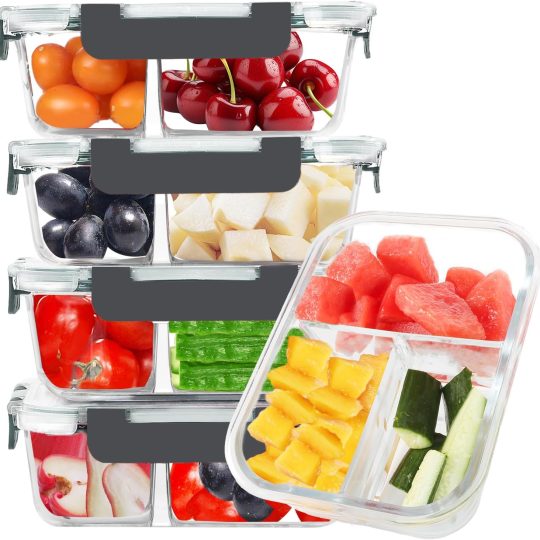 5 Pack 35 Oz Glass Meal Prep Containers 3 Compartments, Glass Food Storage Containers, Lunch Bento Box with Airtight Lids, Microwave, Freezer & Dishwasher Safe