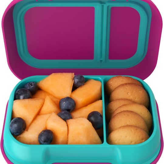 Kids Snack - 2 Compartment Leak-Proof Bento Box Container for Snacks and Small Meals, Easy-Open Latch, Dishwasher Safe, BPA-Free for School, Daycare, & Sports - Ideal for Ages 3+ (Fuchsia/Teal)