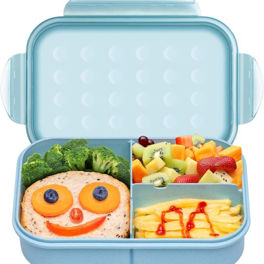 Wheat Straw Lunch Box, Leakproof Bento Box for Kids, BPA-Free Lunch Containers for Adults with 3 Compartments, Microwave Safe (Blue, Regular Size)