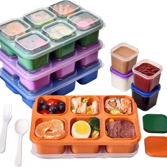4-Pack Bento Box & Snack Containers for Kids & Adults | 6-Compartment with 4 Sauce Cups | BPA-Free, Dishwasher Safe | Ideal for School, Office, Picnic & Travel (38oz/1100ml)