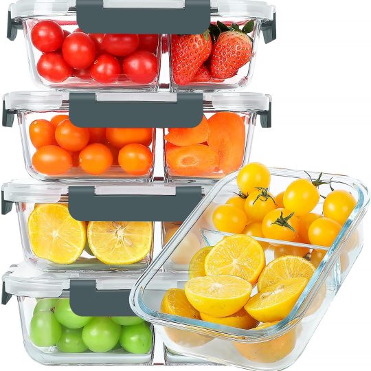 30 oz 5 Pack Glass Meal Prep Containers 2 Compartments, Glass Food Storage Containers with Lids, Airtight Lunch Box, Microwave, Oven and Freezer Safe