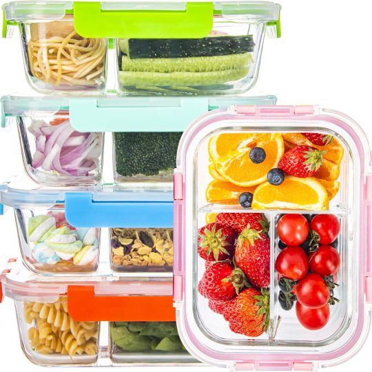 Glass Food Storage Containers 3 Compartment with Lids (5 Pack, 34oz), Divided Glass Meal Prep Containers for Lunch at Work, Leak-Proof Portion Control Food Containers, Microwave/Dishwasher Safe