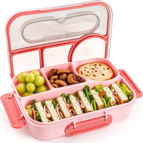 Bento Box Adult, Lunch Box, 4-Compartment Lunch Containers, Drop-Proof, Dishwasher Safe & Made with BPA-Free Materials (Pink)