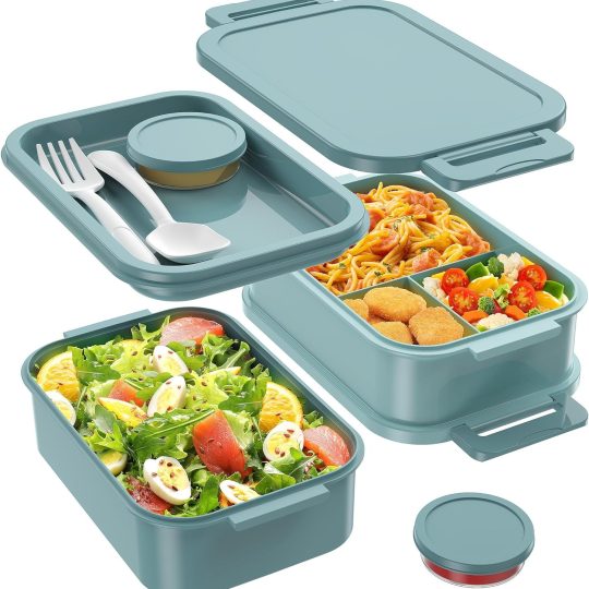 Bento Box Adult Lunch Box - 72oz Stackable Bento Lunch Box for Adults, 3 Layers All-in-One Large Bento Box Leak-Proof Lunchbox with Utensil Sauce Dressing Containers for Dining Out,Work, Green