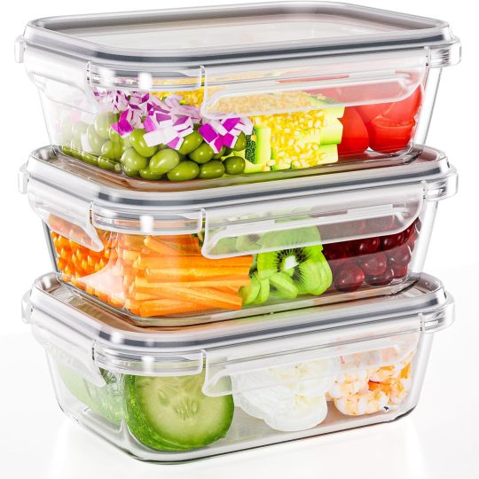 3-Pack 35 oz Borosilicate Glass Food Storage Containers with Lids, Stackable Airtight Glass Meal Prep Containers for Lunch & Leftover, BPA-Free & Leak Proof, for Microwave, Oven, Dishwasher