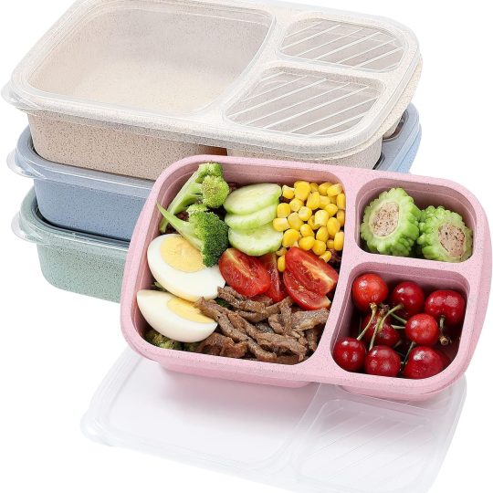 4 Pack Bento Lunch Box Set 3 Compartment Food Storage Containers Wheat Straw Meal Prep Lunch Box Plastic Food Storage Containers, Microwave and Dishwasher Safe (light colour)