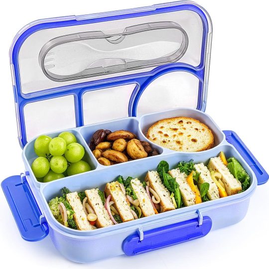 Bento Box Adult, Lunch Box, 4-Compartment Lunch Containers, Drop-Proof, Dishwasher Safe & Made with BPA-Free Materials (Blue)
