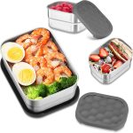Stainless Steel Lunch Box for Kids, Leak Proof Food Storage Containers with Silicone Lids, Easy Open Bento Box for School and Daycare, Portable Metal Snack Box, Dishwasher Safe (8oz*2+25oz)
