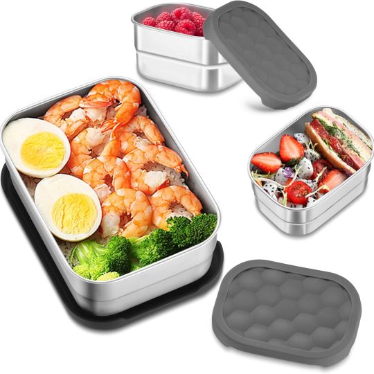 Stainless Steel Lunch Box for Kids, Leak Proof Food Storage Containers with Silicone Lids, Easy Open Bento Box for School and Daycare, Portable Metal Snack Box, Dishwasher Safe (8oz*2+25oz)