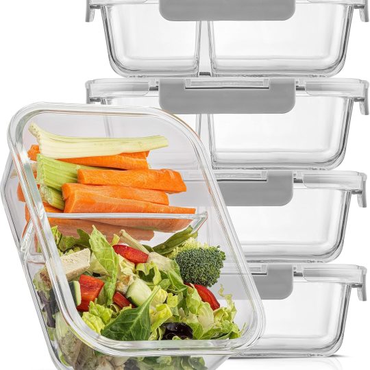 Divided Food Storage Containers with Lids Airtight. 5 Pack Glass Meal Prep Containers 2 Compartment Set Glass Bento Box. Reusable Food Containers, Portion Control Containers for Weight Loss
