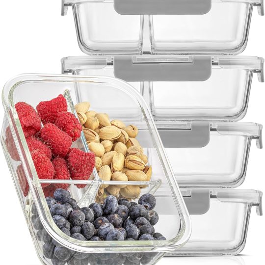 Divided Food Storage Containers with Lids Airtight. 5 Pack Glass Meal Prep Containers 3 Compartment Set Glass Bento Box. Reusable Food Containers, Portion Control Containers for Weight Loss